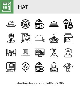 Set of hat icons. Such as Engineering, Hat, Crown, Engineer, Maracas, Police, Graduate, Bandana, Restaurant, Dinner table, Thief, Party hat, Student, Mortarboard, Holidays , icons