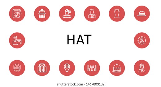 Set of hat icons such as Spell book, Engineer, Pirate, Pilot, Skirt, Hat, Mortarboard, Clothes, Russia, Dinner table, Winter hat, Delivery man, Thief ,