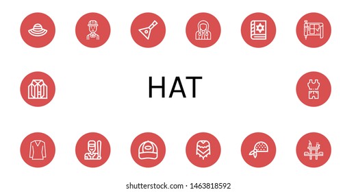 Set of hat icons such as Sun hat, Engineer, Balalaika, Student, Spellbook, Blueprint, Blouse, Baseball, Cap, Poncho, Bandana, Dinner table, Clothes , hat