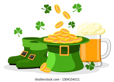 A set of hat with money, beer, and detail heeled boots on a white. Happy St. Patrick's Day