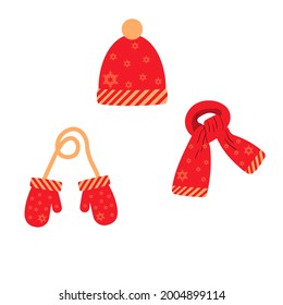 set of hat, scarf, mittens in red with a snowflake pattern, winter. vector isolated on a white background.