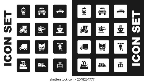 Set Hatchback car, Helicopter, Tractor, Train and railway, Cargo ship, Police flasher, Scooter and Delivery cargo truck icon. Vector