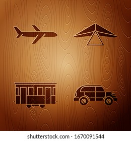 Set Hatchback car, Plane, Old city tram and Hang glider on wooden background. Vector