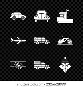 Set Hatchback car, Car Volkswagen beetle, Fishing boat, Old retro vintage plane, Delivery cargo truck vehicle, Cargo ship, Plane and Off road icon. Vector