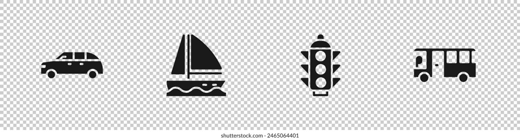 Set Hatchback car, Yacht sailboat, Traffic light and Bus icon. Vector