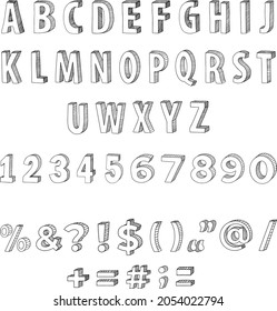Set of hatched alphabet, numbers and punctuation marks. Graphic letters and numbers on a white background.