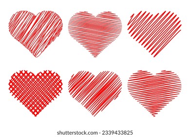 Set of hatched red hearts, pencil drawing. Doodle elements for decor, vector	
