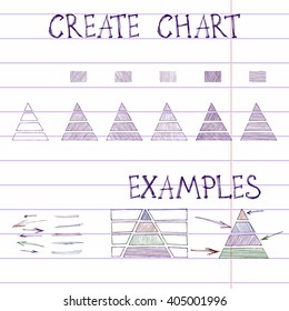 Set of hatching segment that could be used for four-layered pyramids. The collection includes arrows and examples of diagrams. Created charts could be used for reports or infographics.