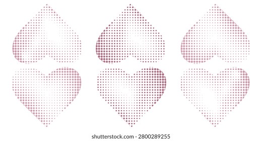 Set hati berbentuk berbeda dengan efek halftone. Monokrom, gaya seni pop hati putus-putus, terisolasi pada latar belakang putih.