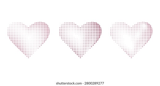 Set hati berbentuk berbeda dengan efek halftone. Monokrom, gaya seni pop hati putus-putus, terisolasi pada latar belakang putih.
