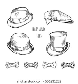 Set of hats and bows. Hand-drawn vector illustration.