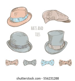 Set of hats and bows. Hand-drawn vector illustration.