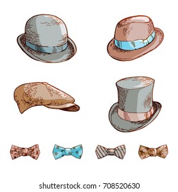 Set of hats and bows. Hand-drawn vector illustration.