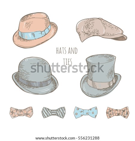Set of hats and bows. Hand-drawn vector illustration.
