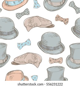 Set of hats and bows. Seamless Pattern. Hand-drawn vector illustration.