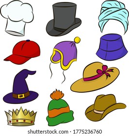 set of hats. cap, crown and panama. Color vector drawing of head accessories