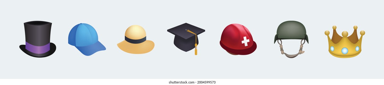 Set of hats and cap illustration, icon emoji vector. Hats set, collection of headgear, vector icons. Stylish summer male and female headwear, bachelor cap, fireman hat, crown, military army beret icon