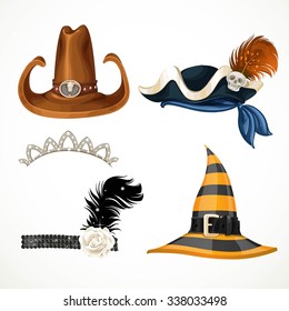 Set of hats for the carnival costumes -  retro, tiara,for Witch, pirate and cowboy isolated on a white background