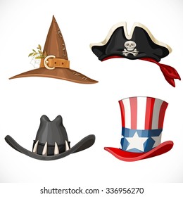 Set of hats for the carnival costumes - for Uncle Sam, witch, pirate and cowboy isolated on a white background