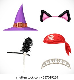 Set of hats for the carnival costumes -  Witch hat, pirate red bandanna, tiara for princess and cat ears on the hoop  isolated on a white background