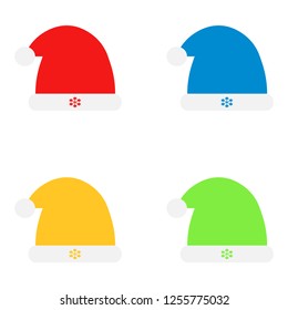 Set of hats Christmas different colors. Santa Claus Caps. Snowflakes. New Year. Cap with logo. Vector illustration EPS 10.