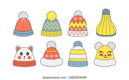 Set of hats. Clothes for winter season and cold weather. Warm apparel elements. Fashion and style. Woolen, knitted garment. Linear vector collection isolated on white background