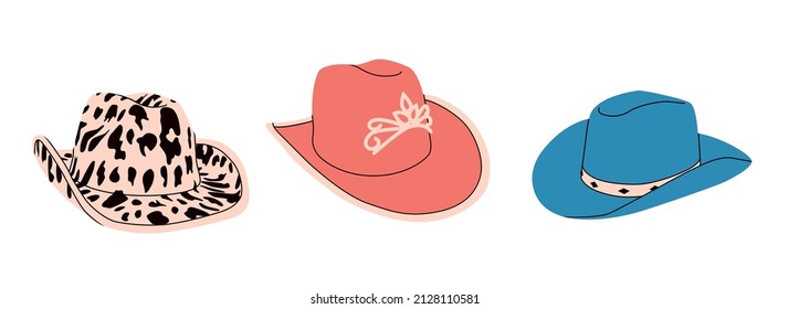 Set of сartoon сowgirl hats with cow print, diadem, crown. Wild West fashion style. Cowboy western theme; wild west concept. Hand drawn colored flat vector illustration. All elements are insolated
