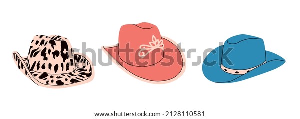 Set of сartoon сowgirl hats with cow print,\
diadem, crown. Wild West fashion style. Cowboy western theme; wild\
west concept. Hand drawn colored flat vector illustration. All\
elements are insolated