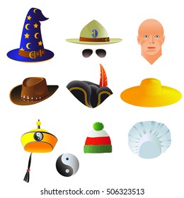 Set of hats, different professions and nations. Vector illustration, isolated on white