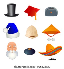 Set of hats, from different professions and nations. Vector illustration, isolated on white