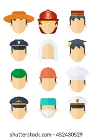 Set of hats of different professions. Work wear and uniform element icons. Objects isolated on white background. Flat cartoon vector illustration.