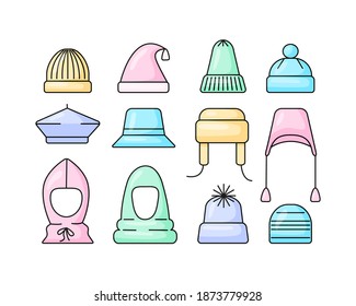 Set of hats in different style. Vector isolated colorful icon set in flat style.