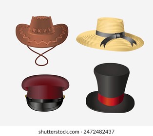 Set of hats from different times on a white background. Vector illustration