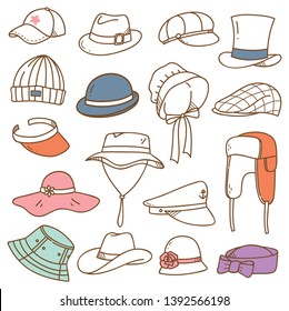 Set of hats doodle isolated on white background