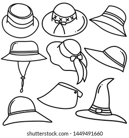Set of hats doodle isolated on white background. Hand drawn sketch converted to vector.
