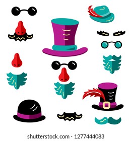 Set with hats, eyeglasses, beard and mustache. Man faces avatar creator. Create your own icons for social media or web site. Flat style vector illustration.