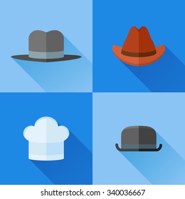 Set of hats flat icons. Bowler, chef, gangster and cowboy hats.