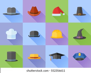 Set of hats flat style icons with long shadow. Vector illustration.