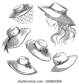 Set of hats. Girl in a hat. Fashion illustration. 