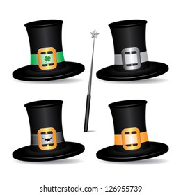 Set of Hats with Magician Wand, icon isolated on white background, vector illustration