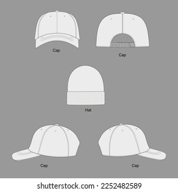 Set of hats. Plain Baseball Cap. Trucker Hat Snapback Technical Drawing Illustration Blank Streetwear Mock-up Template for Design and Tech Packs CAD Strap Mesh. Hat and Cap Apparel Design.