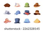 Set of Hats Relate to Different Centuries and Ages. Male and Female Vacation Cap, Panama, Traditional Lady Headwear, Cylinder Top Hat for Gentleman and Chinese Straw Cap Cartoon Vector Illustration