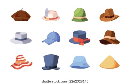 Set of Hats Relate to Different Centuries and Ages. Male and Female Vacation Cap, Panama, Traditional Lady Headwear, Cylinder Top Hat for Gentleman and Chinese Straw Cap Cartoon Vector Illustration