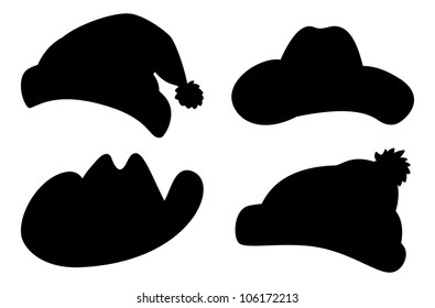 Set hats: Santa Claus, sheriff, musketeer, knitted winter. Black silhouettes on white background. Vector illustration