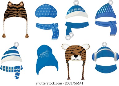 Set of hats and scarves in blue.