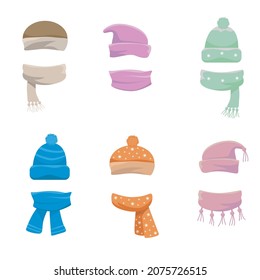 A set of hats and scarves for boys and girls in cold weather. Stylish hats and scarves. Clothes for winter and autumn. Blue, red, brown, purple, brown and orange hats and scarves.