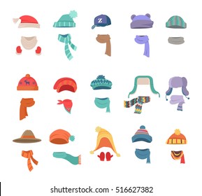 Set of hats and scarves for boys and girls in cold weather. Stylish hats and scarves. Clothes for winter and autumn. Blue, red, brown, violet, brown and orange hats and scarfs. Vector illustration.