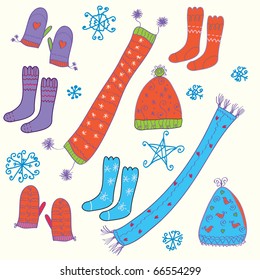 Set with hats, socks, gloves and snow