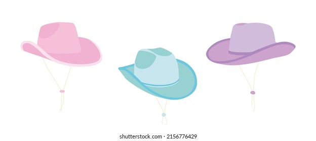 Set Of сartoon сowgirl Hats With With Strings. Party Hat. Wild West Fashion Style. Cowboy Western Theme; Wild West Concept. Hand Drawn Colored Flat Vector Illustration. All Elements Are Insolated