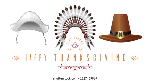 Set of hats for Thanksgiving Day celebration. Thanksgiving hats collection. Happy Thanksgiving. Give Thanks. Vector illustration